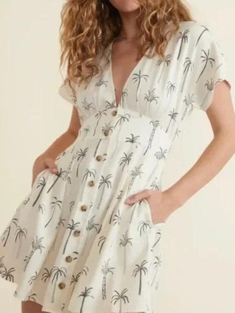 Marine Layer Camila Palm Print Button Front Mini Dress Pockets